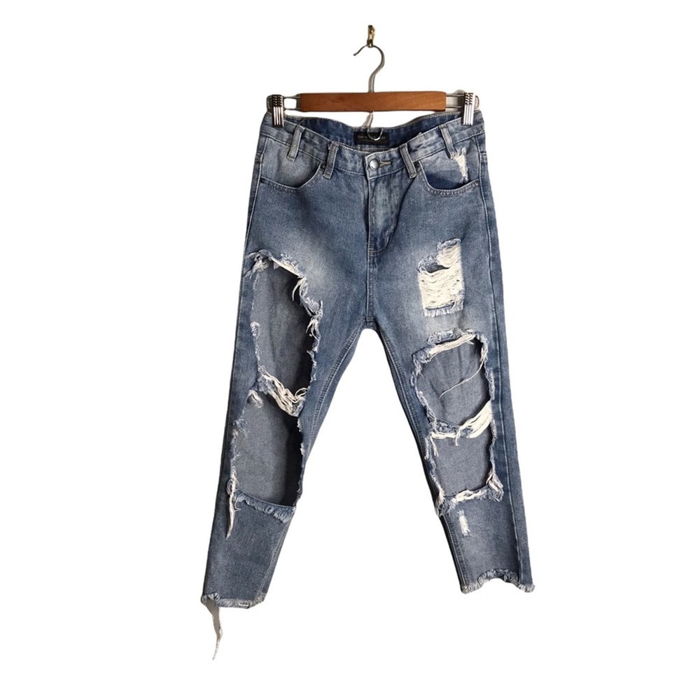 American Bazi | Holey Distressed & Fringed Raw Hem High Rise Straight Leg Jeans•